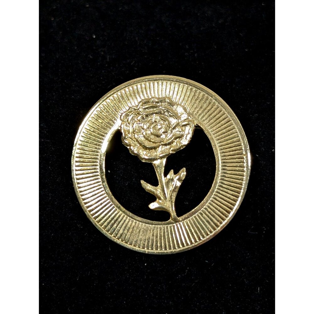 Vintage Gold Tone Ribbed Rose‎ Flower Round Wreath Pin Brooch Retro